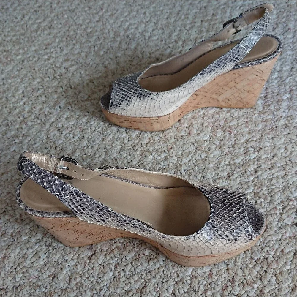 Stuart Weitzman Jean Snake-Embossed Leather Slingback Wedge Sandal Size 8M
